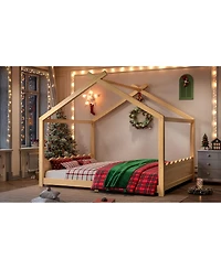 Streamdale Queen House Floor Bed with Solid Wood Frame for Kids, Natural