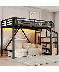 Streamdale Furniture Twin Xl Loft Bed with Storage Stairs, Shelves, Wardrobe, Usb, Led Lights