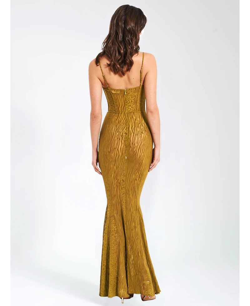 Miss Circle Women's Ulani Gold Burnout Velvet Detail Mesh Maxi Dress