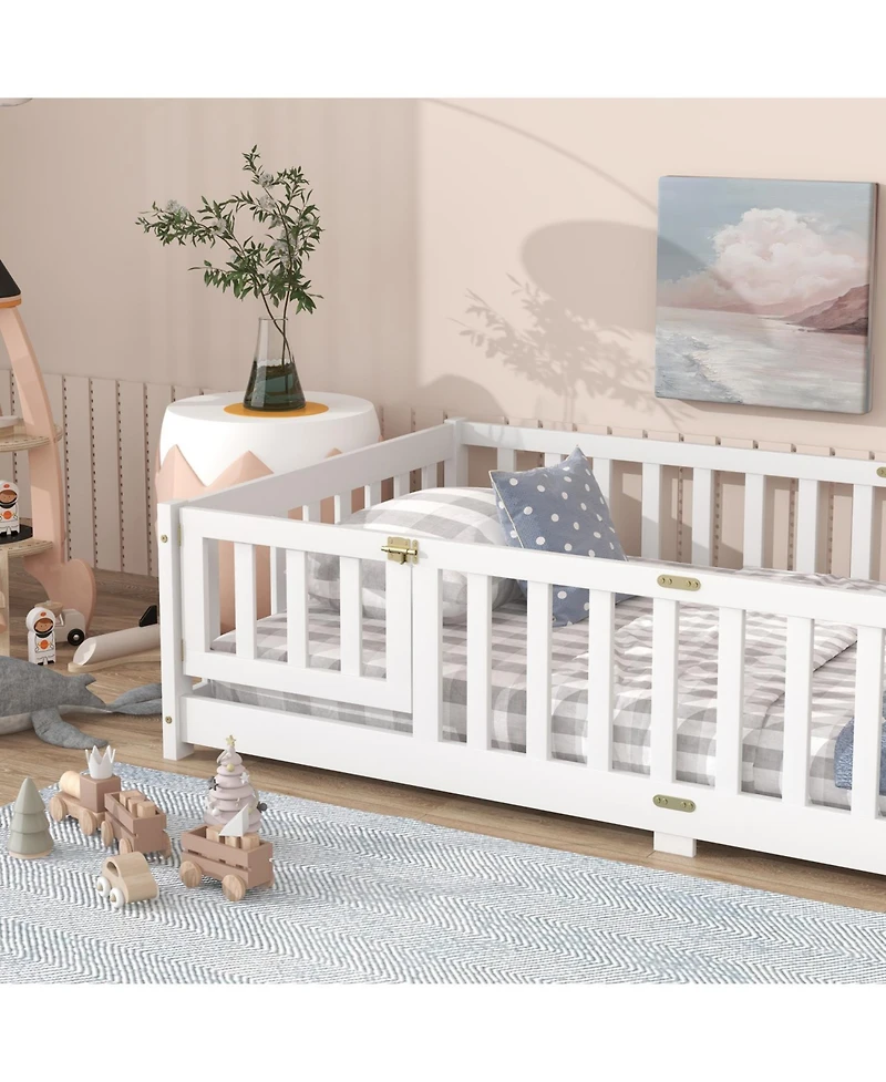Streamdale Furniture Twin Floor Bed with Fence & Door, White