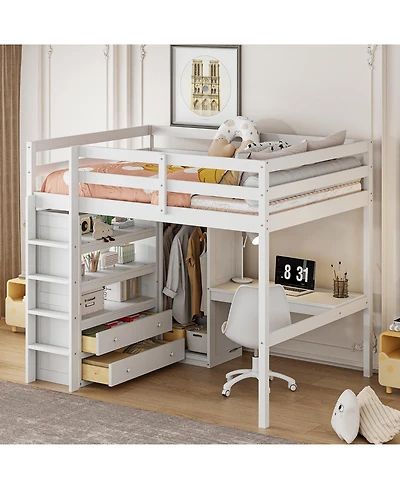 Streamdale Furniture Wood Full Size Loft Bed with Built-in Wardrobe, Desk, Storage Shelves and Drawers