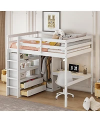 Streamdale Furniture Wood Full Size Loft Bed with Built-in Wardrobe, Desk, Storage Shelves and Drawers