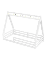 Streamdale Furniture Twin Size House Floor Bed with Tent and Light, Solid Wood Teepee Bed