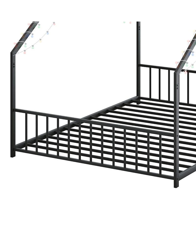 Streamdale Furniture Children's Full Size Bed Frame with Led Lights, Roof-Shaped Iron, Black