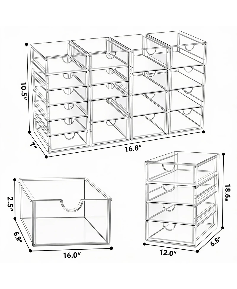 Yigii 4 Pack Acrylic Makeup Organizer with 19 Drawers for Bathroom & Vanity Storage