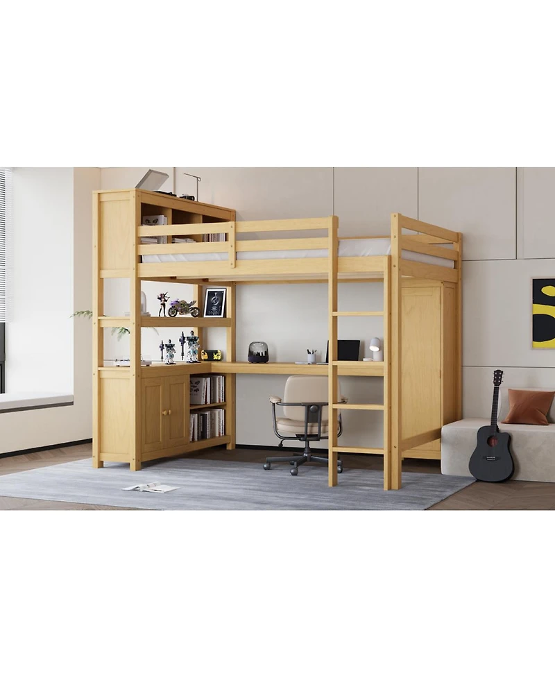 Streamdale Furniture Wood Loft Bed with Cabinet, Bookshelf, Wardrobe & Desk, Queen Size