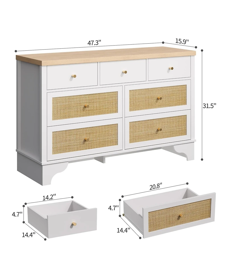 Gaomon 7 Drawer Dresser for Bedroom, 47.3" Wide Natural Rattan Chest of Drawers