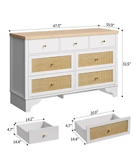 Gaomon 7 Drawer Dresser for Bedroom, 47.3" Wide Natural Rattan Chest of Drawers