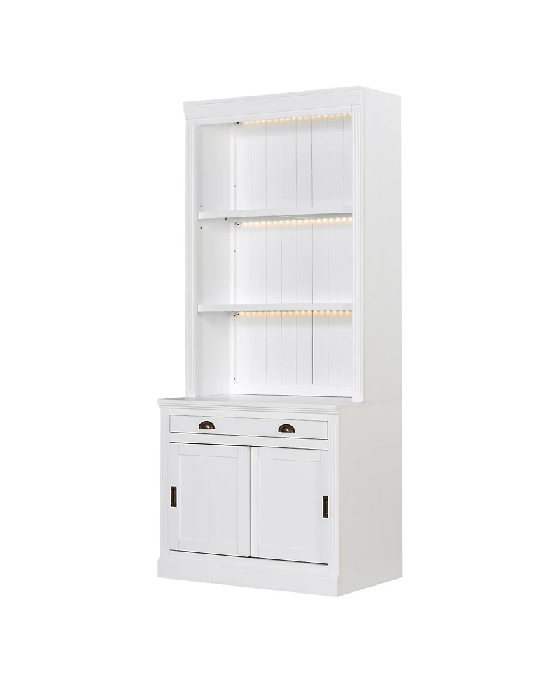 Streamdale Furniture 83.4" Tall Bookshelf with 3-Layer Led Lightings and Sliding Doors, White