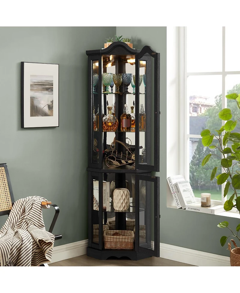 Streamdale Furniture Lighted Oak Curio Cabinet with Tempered Glass Doors & Shelves - Black