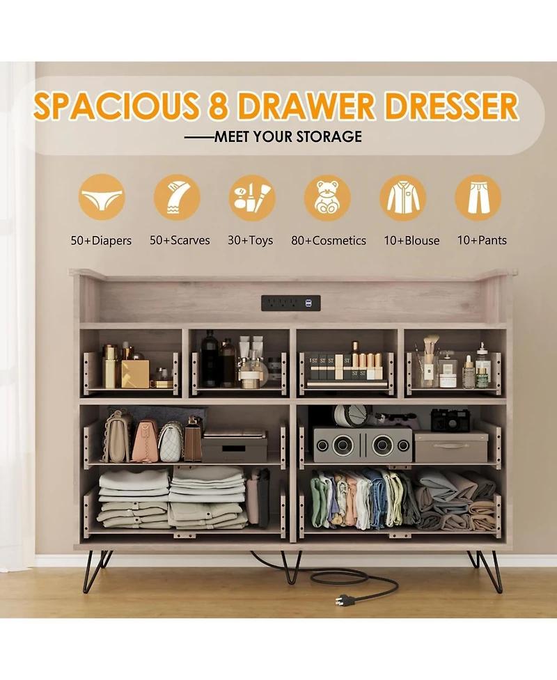 gaomon Modern 8 Drawer Dresser with Led Lights and Charging Station