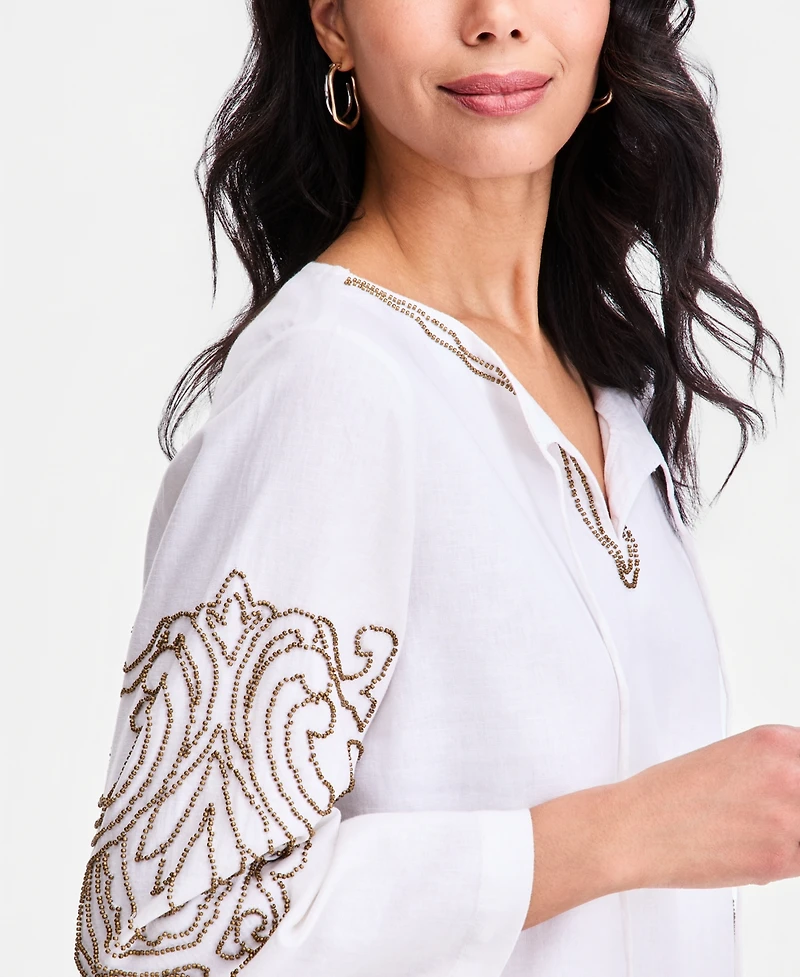 Jm Collection Women's Bead-Embellished Linen-Blend Top, Macy's Exclusive