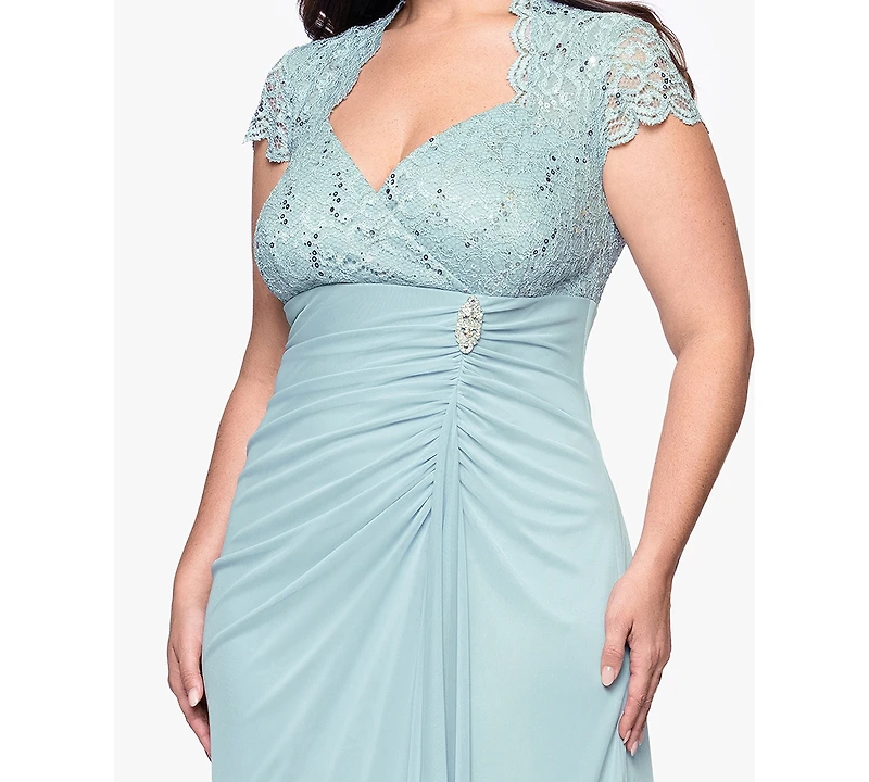 B&A by Betsy & Adam Plus Sequined-Lace Ruched Gown