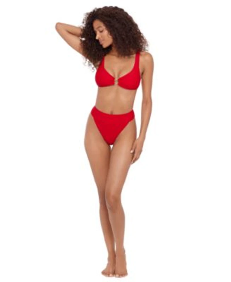 Steve Madden Womens V Neck Ring Bikini Top High Waist Bottoms