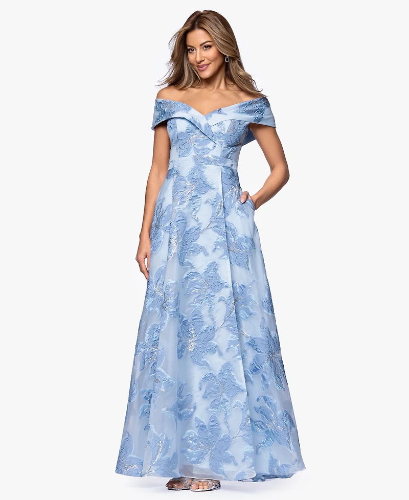 Xscape Women's Long Jacquard Printed Off-The-Shoulder Ball Gown