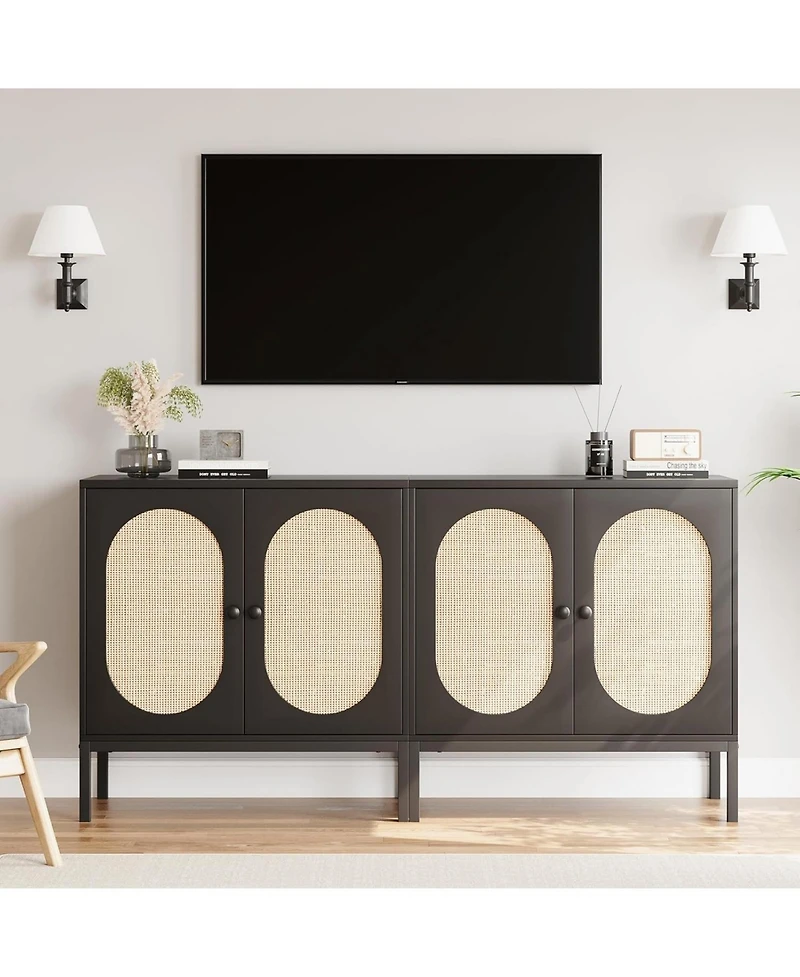 Gaomon Rattan Buffet Storage Cabinet with Adjustable Shelves Wooden Sideboard 2-Tier