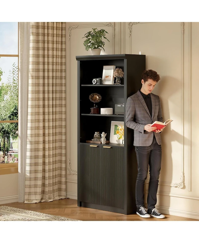 Gaomon 5-Tier Bookcase with Storage Cabinet & Adjustable Shelf, Mid-Century Modern Display Bookshelf for Home Office or Living Room