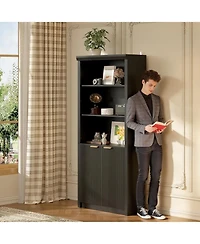 Gaomon 5-Tier Bookcase with Storage Cabinet & Adjustable Shelf, Mid-Century Modern Display Bookshelf for Home Office or Living Room