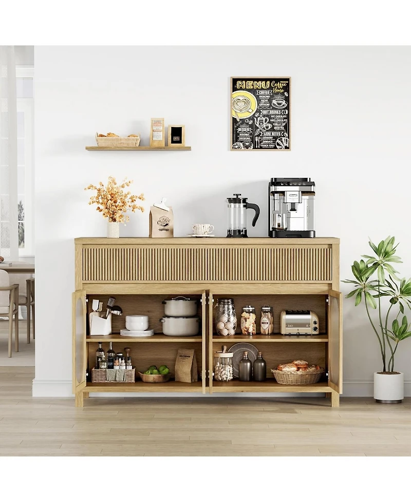 gaomon 55" Large Sideboard Buffet Cabinet with Storage and 2 Fluted Drawer Front, Buffet Table Coffee Bar Storage Cabinet with 4 Glass Doors