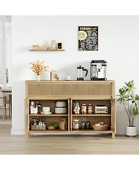 gaomon 55" Large Sideboard Buffet Cabinet with Storage and 2 Fluted Drawer Front, Buffet Table Coffee Bar Storage Cabinet with 4 Glass Doors