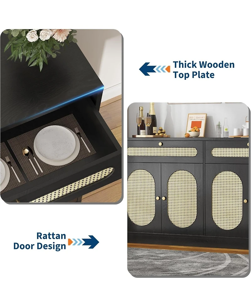 gaomon 60'' Rattan Sideboard, Sideboard Cabinet with Adjustable Shelves, Buffet 2 Drawers and 4 Doors for Dining Room
