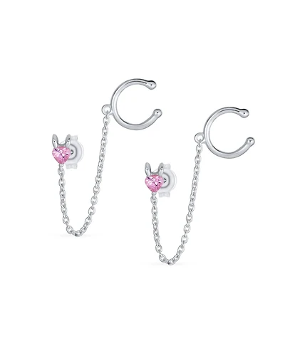 Bling Jewelry Tiny Pink Cz Heart Ear Cuff Chain Stud Earrings For Earlobe .925 Sterling Silver