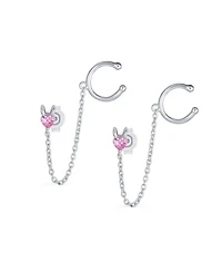 Bling Jewelry Tiny Pink Cz Heart Ear Cuff Chain Stud Earrings For Earlobe .925 Sterling Silver