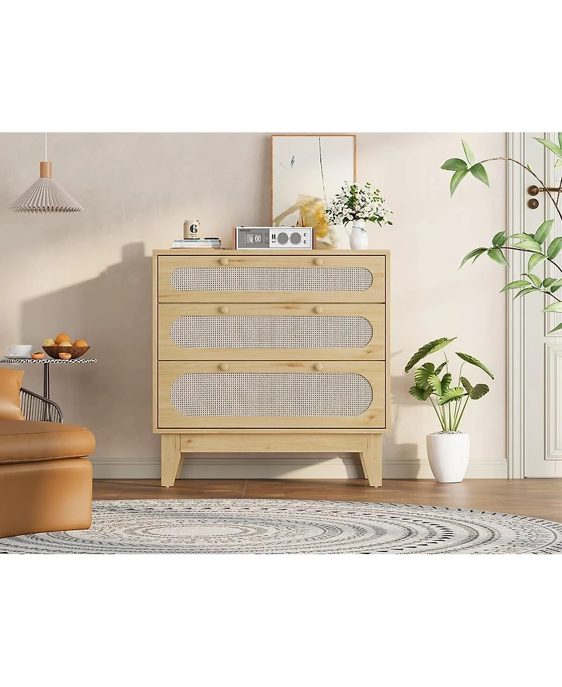 Gaomon Rattan Drawer Dresser, 3 Wood Drawers Storage Cabinet Dresser for Bedroom