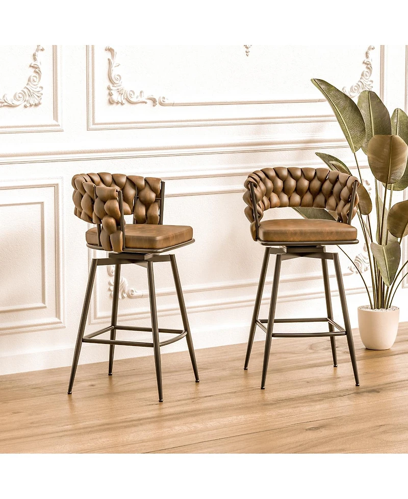 Streamdale Furniture Streamdale 28" Technical Leather Woven Bar Stool Set of 2 (Brown