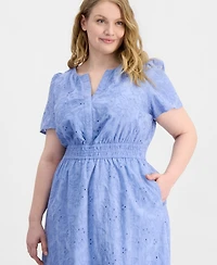 Anne Klein Plus Embroidered-Eyelet Short-Sleeve Midi Dress