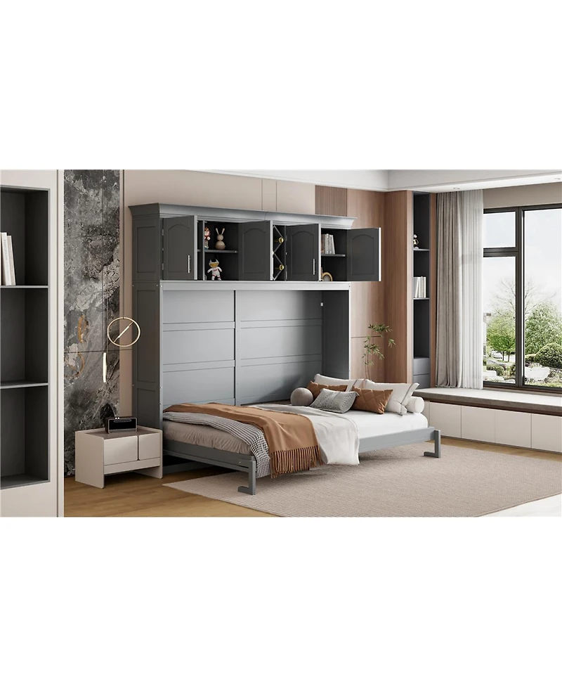 Streamdale Furniture Queen Size Murphy Bed Wall Bed with Top Cabinets & Wine Rack