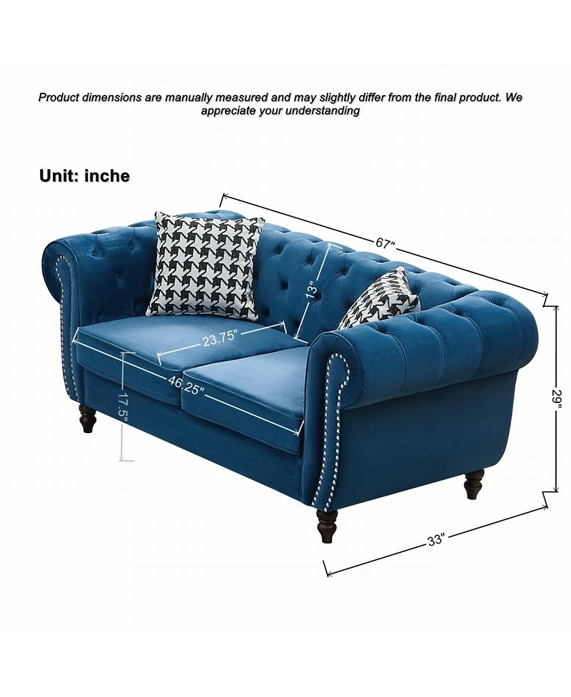 Streamdale Furniture 3+2 Seater Blue Chesterfield Velvet Sofa with Roll Armrest & Nailhead