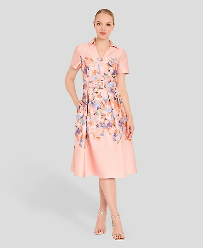 Tahari Asl Women's Short-Sleeve Floral Belted Midi Dress