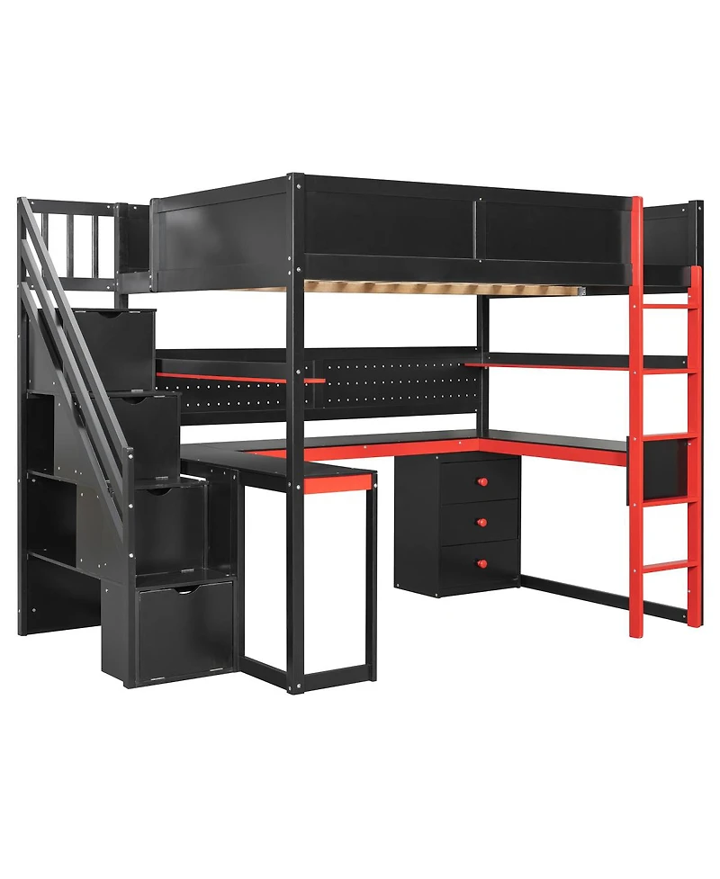 Streamdale Furniture Full Size Wooden Gaming Loft Bed with Storage Stairs, Desk, Shelves & Pegboard