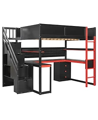 Streamdale Furniture Full Size Wooden Gaming Loft Bed with Storage Stairs, Desk, Shelves & Pegboard