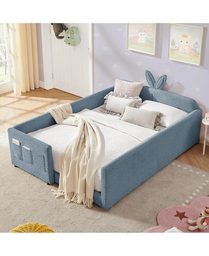 Streamdale Furniture Boucle Rabbit Ear Platform Bed with Safety Rail