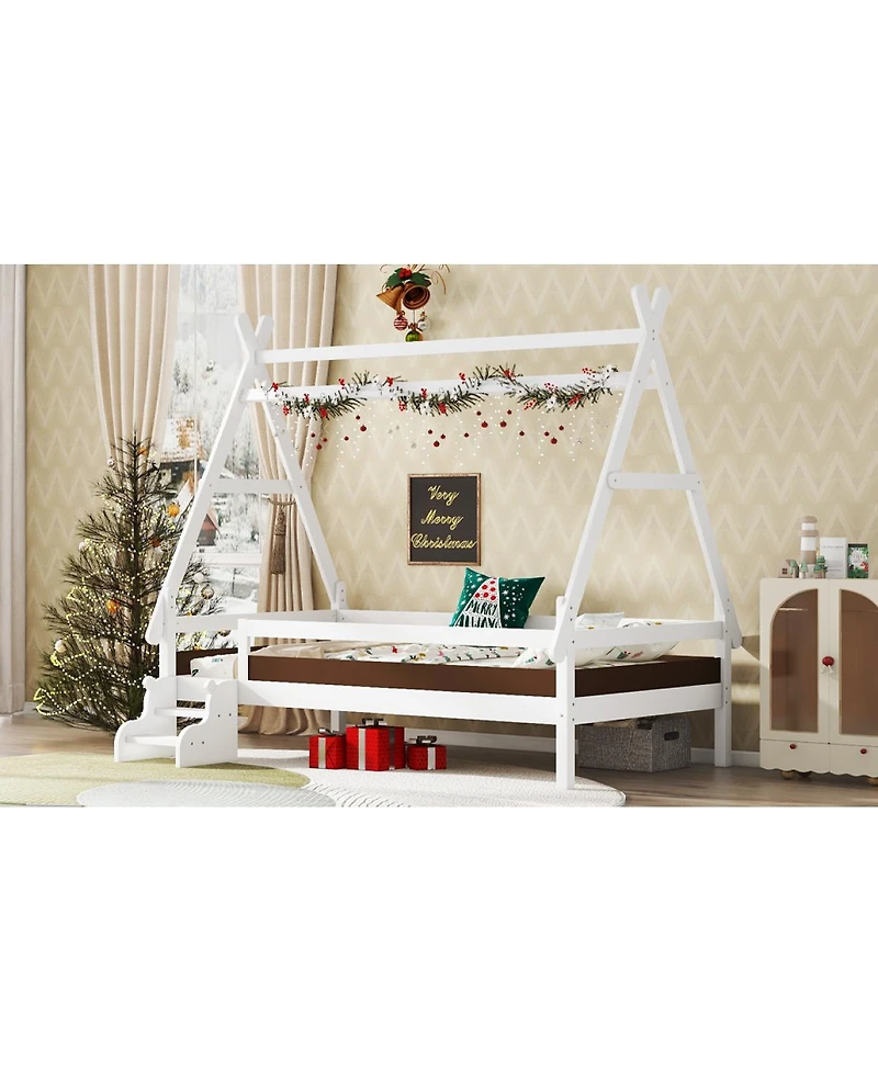 Streamdale Furniture Twin House Platform Bed with Stairs, Solid Wood