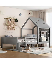 Streamdale Furniture Full House Beds with Low-Profile Stairs, Window, Bookcase, Blackboard, Star Roof, Gray
