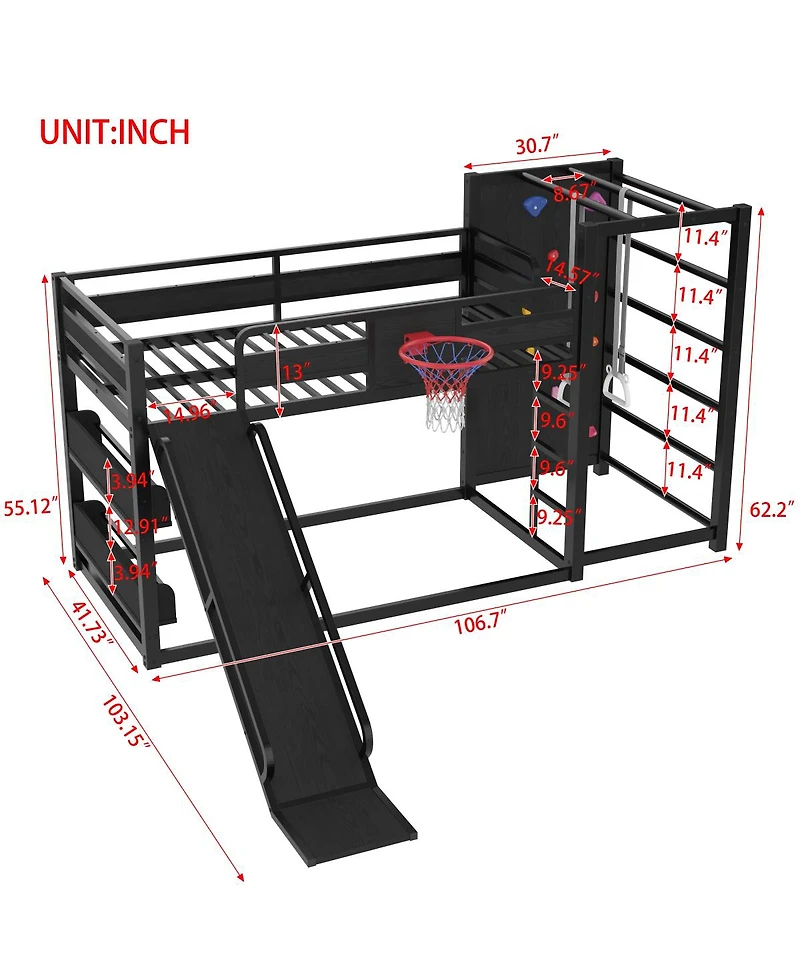 Streamdale Furniture metal loft bed with basketball hoop, rings, climbing wall, slide, bookshelves