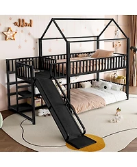 Streamdale Furniture Twin metal House Bunk Bed with Storage Stairs, Slide, Safety Rails