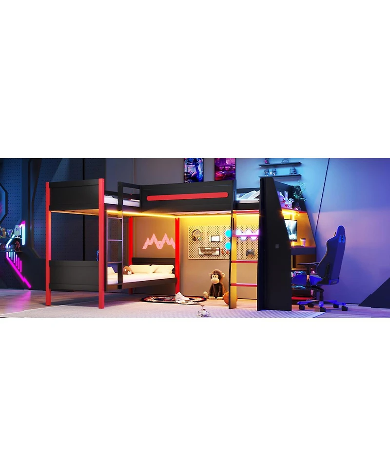 Streamdale Furniture L-Shaped Gaming Loft Bunk Bed with Desk, Shelves & Led