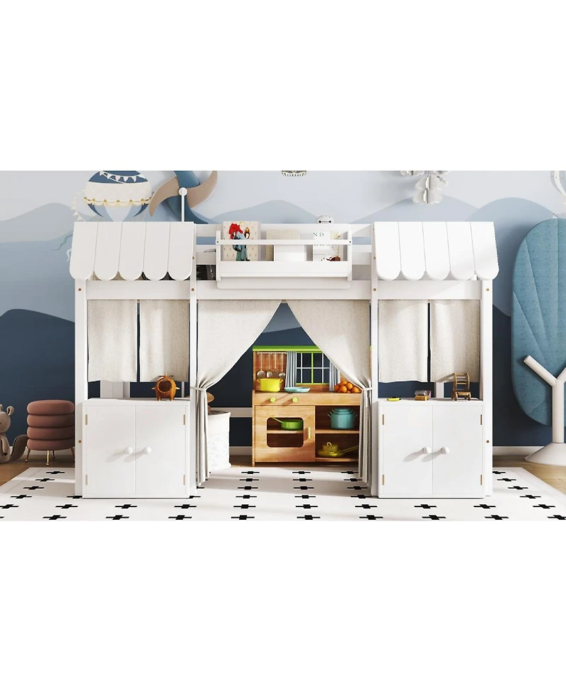 Streamdale Furniture Full Loft Bed with Bookshelf, Curtain, Storage Shelf, Playful Design, White