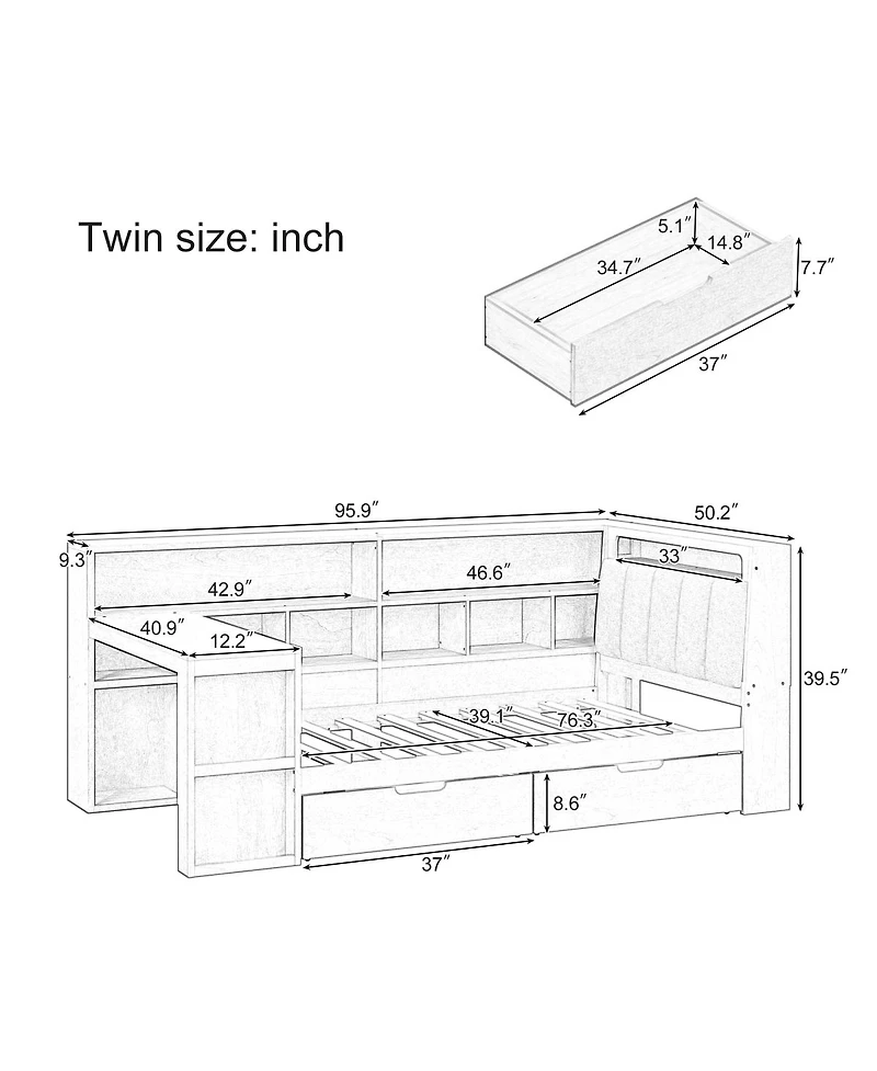 Streamdale Furniture Twin L-shaped Wooden Daybed with Desk & Storage Bookcase, White