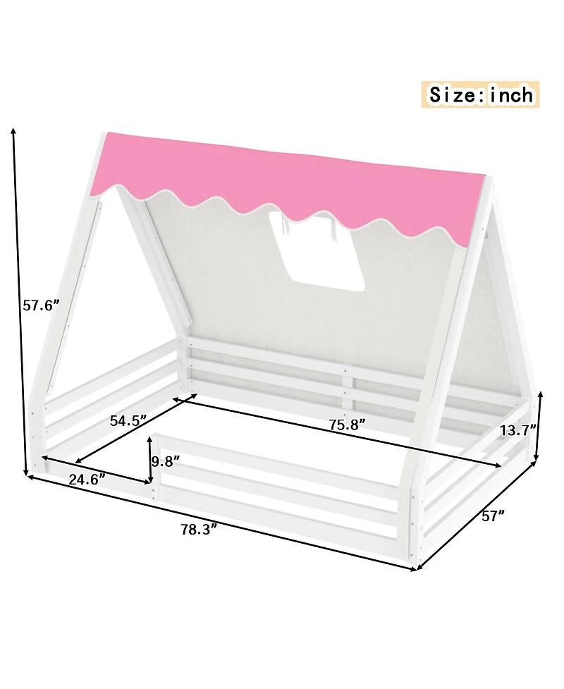 Streamdale Furniture Full Size House Floor Bed with Tent and Light, Solid Wood Teepee Design