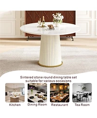 Streamdale Furniture Modern 43.3" Round Dining Table, Glossy Sintered Stone Top, Pu Leather Pedestal