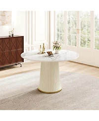 Streamdale Furniture Modern 43.3" Round Dining Table, Glossy Sintered Stone Top, Pu Leather Pedestal