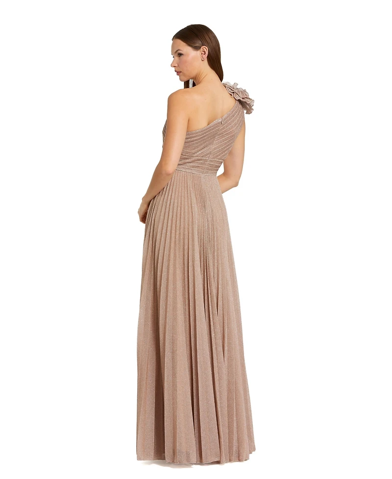 Mac Duggal Petite Pleated Metallic One Shoulder Gown With Ruffle