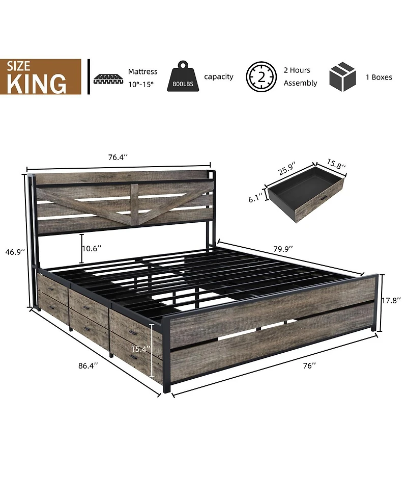 Streamdale Furniture King bed frame with storage headboard and 12 drawers, metal platform foundation