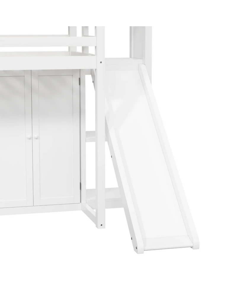 Streamdale Furniture Wood Twin Size Loft Bed with Wardrobe, Storage Shelves, Slide and Led