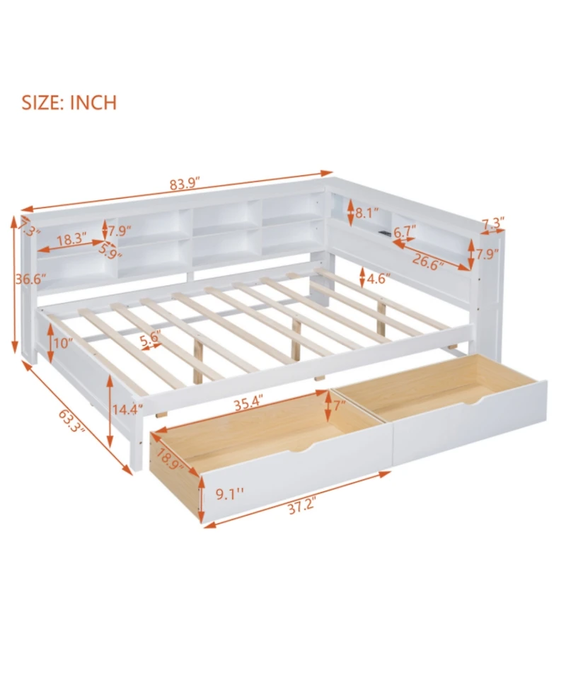 Streamdale Furniture Streamdale Wooden Full Size DayBed with 2 Drawers, Usb Ports, White